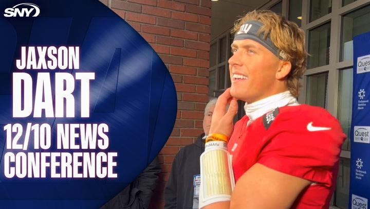 Jaxson Dart 12/10 news conference with SNY branding and Jaxson Dart in a red football uniform.