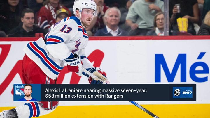 Alexis Lafreniere, in Rangers uniform, nears seven-year deal. Career numbers impress fans.