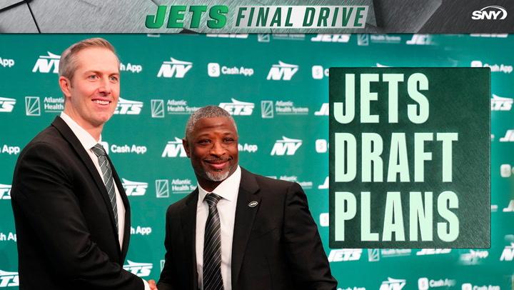 Jets Final Drive segment with two men in suits shaking hands in front of a Jets backdrop, highlighting "Jets Draft Plans."