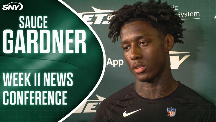 New York Jets' Sauce Gardner at Week 11 news conference after deleting social media accounts.