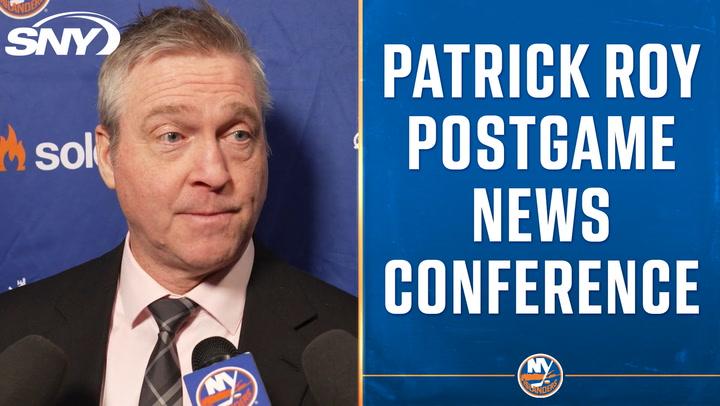 Patrick Roy at postgame conference, pleased after Islanders' 6-3 win over Toronto.