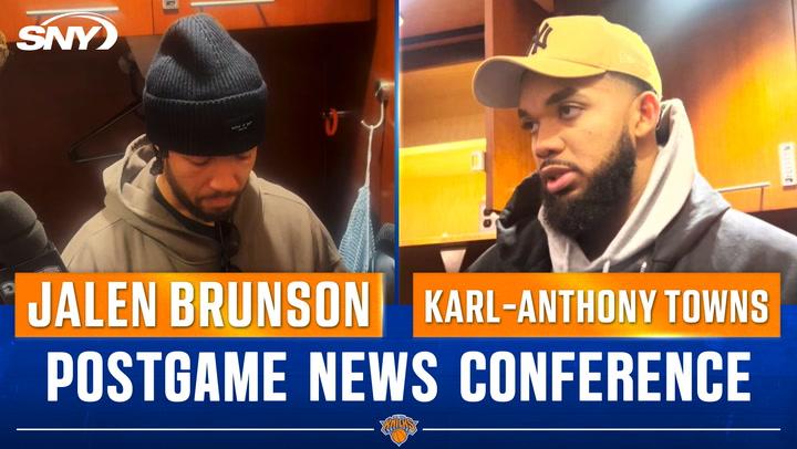 Jalen Brunson and Karl-Anthony Towns discuss Trae Young rolling dice on Knicks logo postgame.