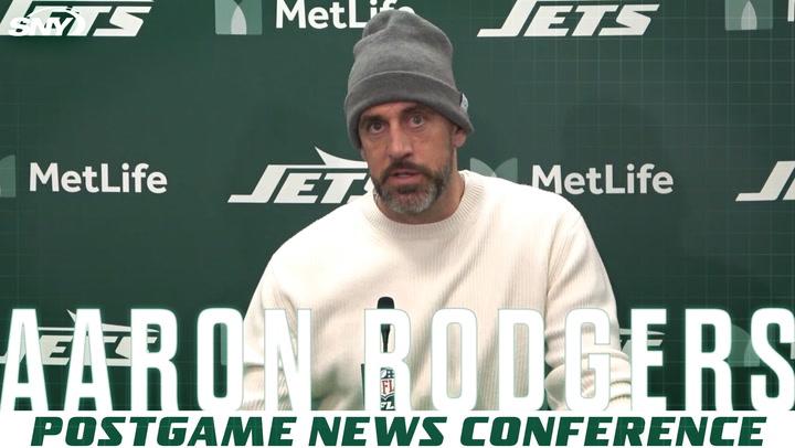 Aaron Rodgers discusses the Jets' offense losing rhythm and his key fumble in 19-9 Rams loss.