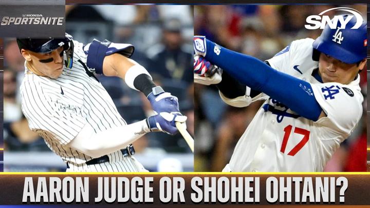 Aaron Judge and Shohei Ohtani featured side by side with the question "Aaron Judge or Shohei Ohtani?"
