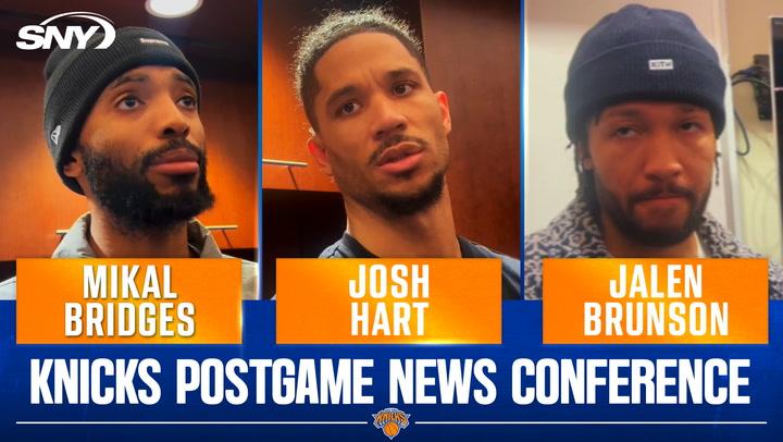 Knicks' Mikal Bridges, Josh Hart, and Jalen Brunson react to 120-111 loss to Detroit.