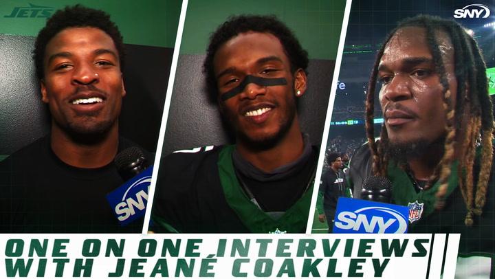 SNY Jets reporter Jeane Coakley interviews Garrett Wilson, D.J. Reed, and Jamien Sherwood after a "huge" Jets win over the Texans.