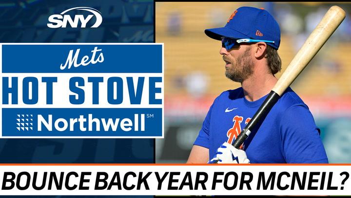 Jeff McNeil holds a bat with the Mets logo, questioning his 2025 return to form on Hot Stove.