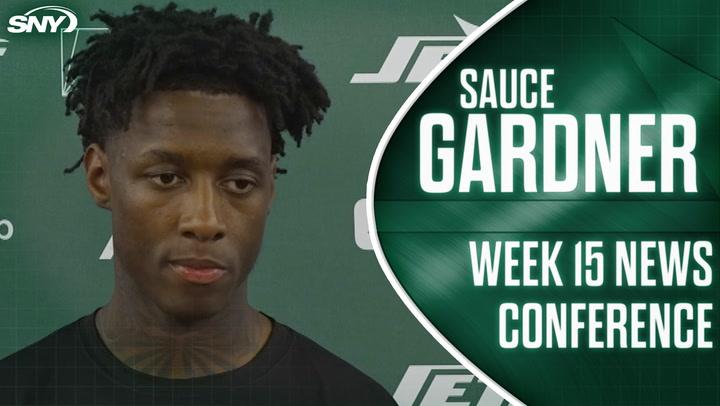 New York Jets CB Sauce Gardner speaks at a Week 15 news conference, aiming to change team culture.