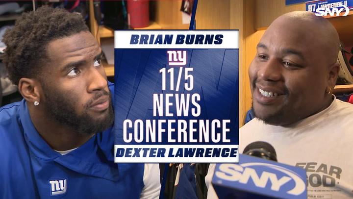 Brian Burns and Dexter Lawrence featured for the Giants 11/5 news conference, with SNY microphone visible.