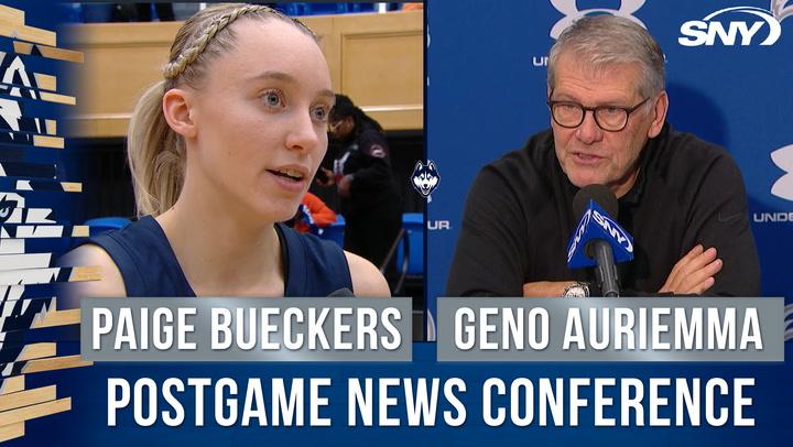 Paige Bueckers and Geno Auriemma discuss UConn's 91-49 win over Seton Hall in conference.