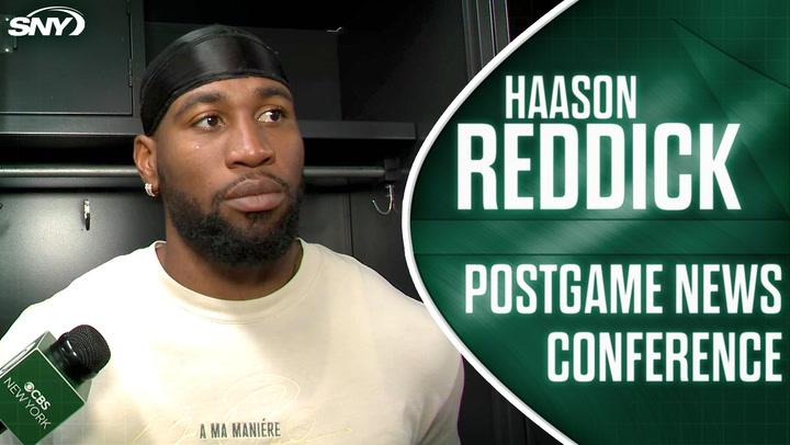 Haason Reddick at Jets postgame conference, felt 'rusty' after holdout and 25-22 loss.