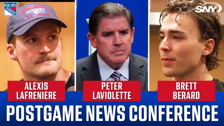 Postgame news conference with Alexis Lafreniere, Peter Laviolette, and Brett Berard after Rangers' third loss.