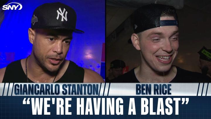 Giancarlo Stanton and Ben Rice interviewed with the quote "We're having a blast" displayed between them.