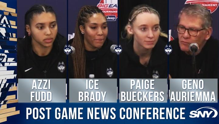 Azzi Fudd, Ice Brady, Paige Bueckers, and Geno Auriemma speak after UConn's 71-40 win.