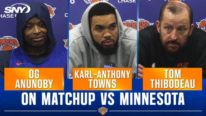 Press conference with Tom Thibodeau, OG Anunoby, and Karl-Anthony Towns on match vs Minnesota.