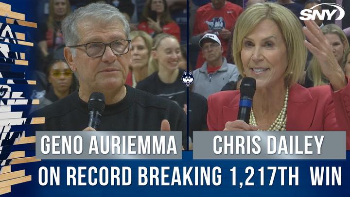 Geno Auriemma and Chris Dailey speak to a packed Gampel Pavilion after their 1,217th win.