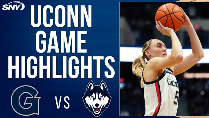 UConn vs Georgetown: UConn Women's Basketball Highlights. Player shoots as UConn leads 79-44.