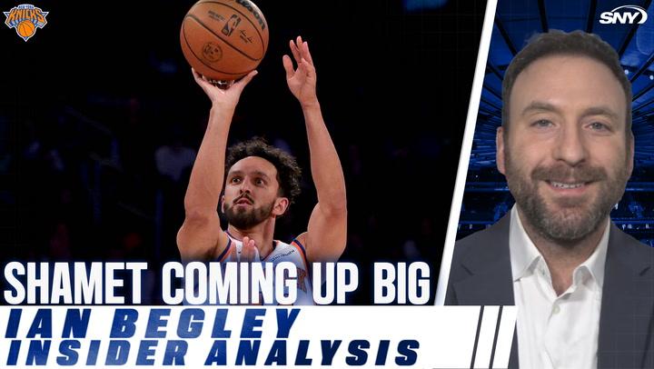 Knicks logo, Landry Shamet shooting a basketball, headline "Shamet Coming Up Big," and Ian Begley featured