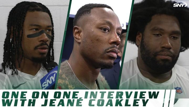 Three New York Jets players in individual closeup interviews, with text reading "One on one, interview with Jeane Coak