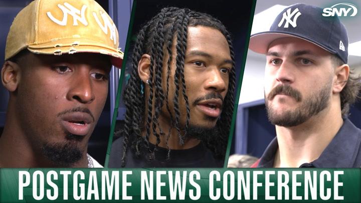Breece Hall, John Metchie III, and Jeremy Ruckert talk rough sledding for Jets' offense in 23-10 loss in Baltimore