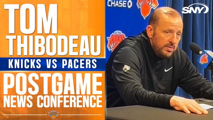 Tom Thibodeau speaks at a postgame conference after Knicks' 123-98 win over Pacers at MSG.