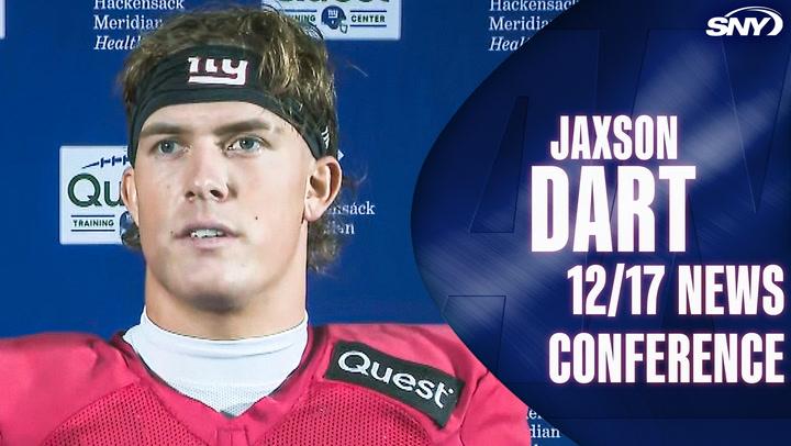 New York Giants player wearing number 6 jersey at a press event with Quest and Hackensack Meridian Health sponsorship logos in the