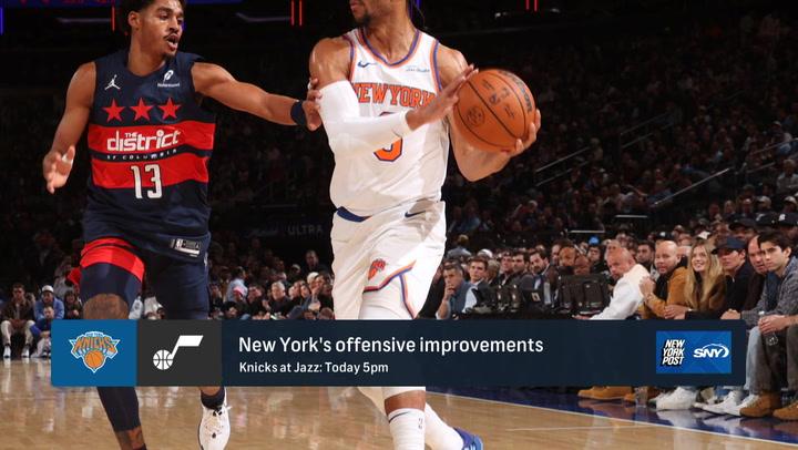 A Knicks player dribbles past a defender in a game preview. Knicks look for five straight wins.