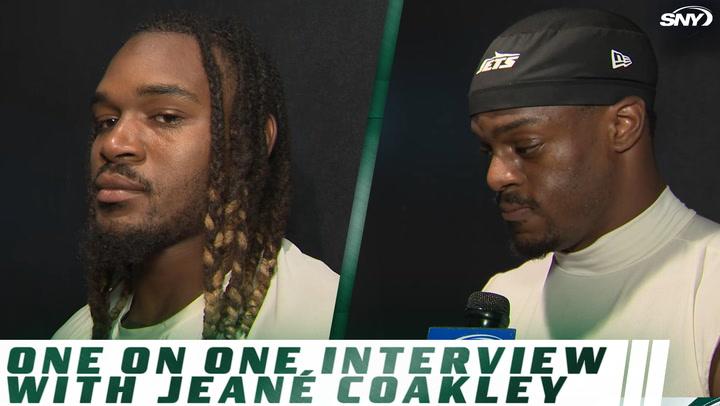 Jets player interviewed one on one by Jeané Coakley, SNY logo in corner.