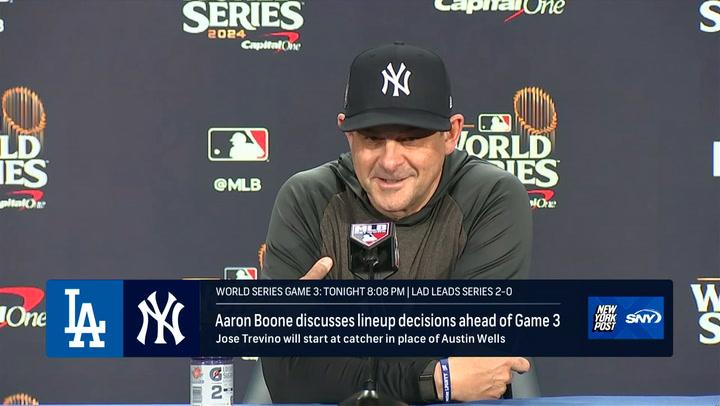 Aaron Boone discusses lineup for Game 3, expresses excitement and pressure of playing in the Bronx.