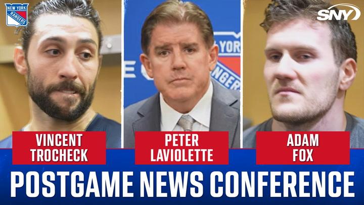 Vincent Trocheck, Peter Laviolette, and Adam Fox discuss the Rangers' 1-0 shootout win.