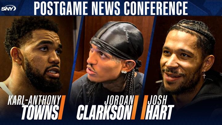 Karl-Anthony Towns, Jordan Clarkson, and Josh Hart featured in postgame news conference.