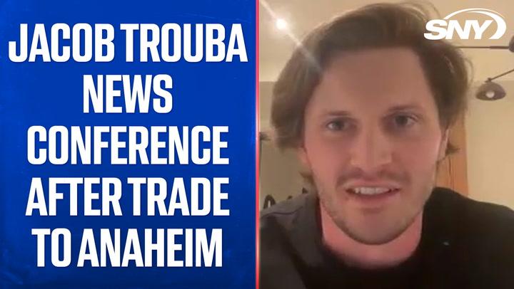 Jacob Trouba discusses trade to Anaheim in a news conference, expressing his discomfort.