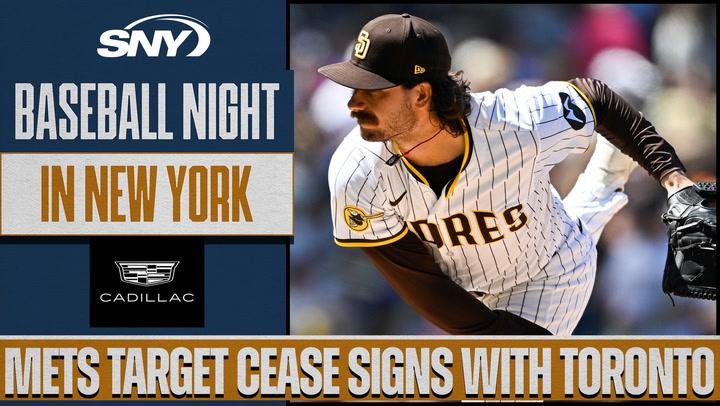 Mets target Cease signs with Toronto, shown with SNY branding and a Padres pitcher in action.