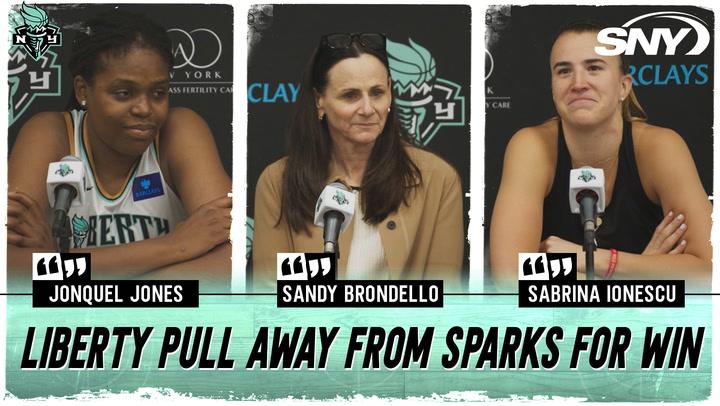 Coach Sandy Brondello, Jonquel Jones and Sabrina Ionescu comment on the Liberty's win over LA