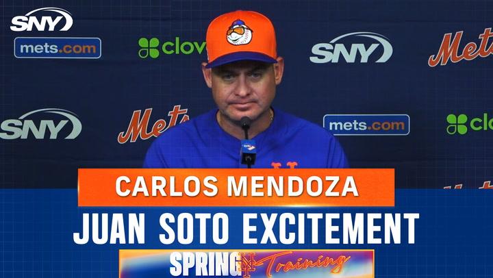 Carlos Mendoza discusses Juan Soto's huge impact during a Mets press conference on his debut.