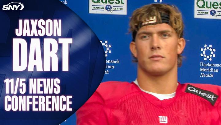 Jaxson Dart 11/5 news conference with Giants branding.