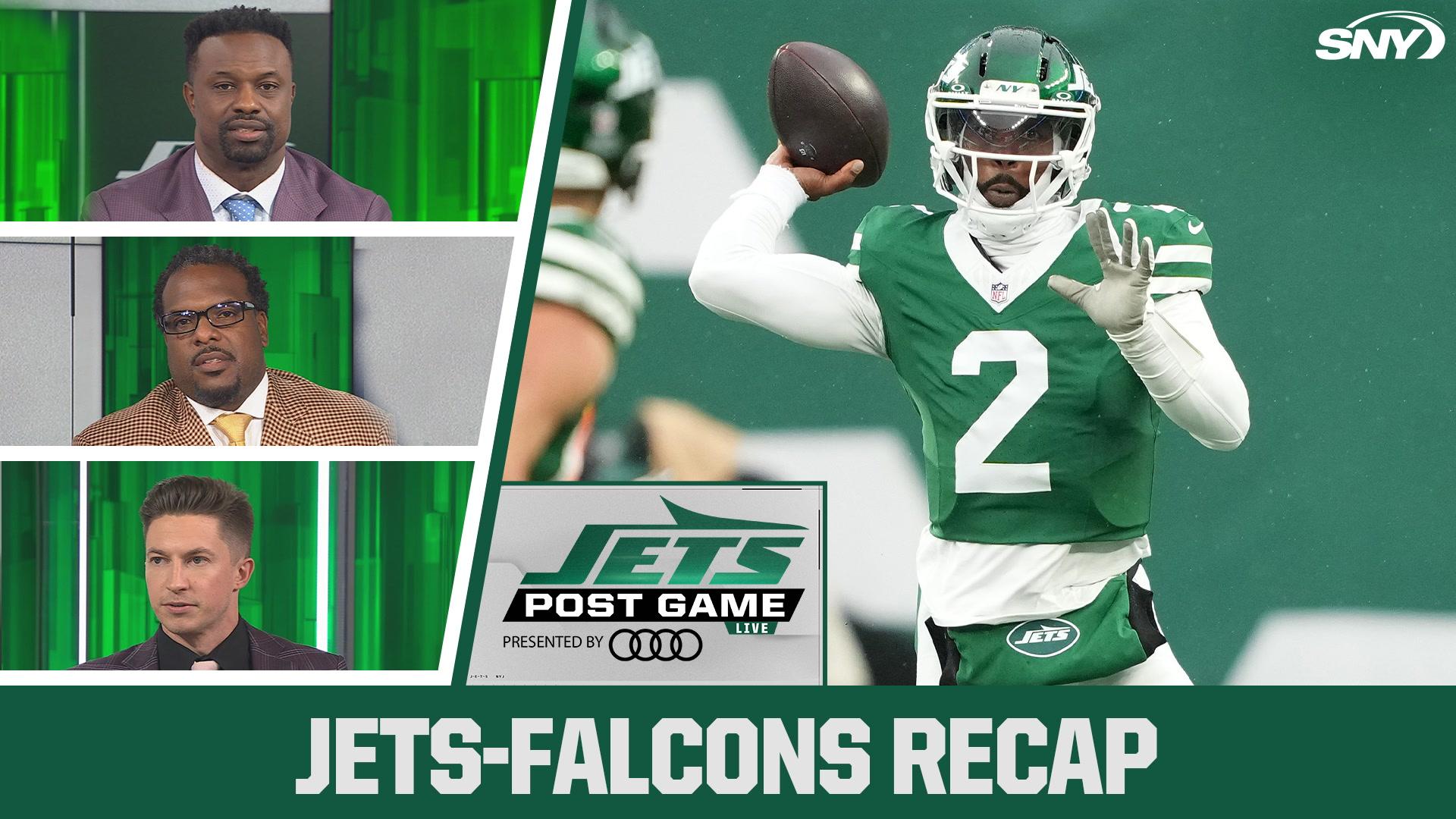 Jets-Falcons recap with Jets Post Game Live panel and a Jets quarterback in action.