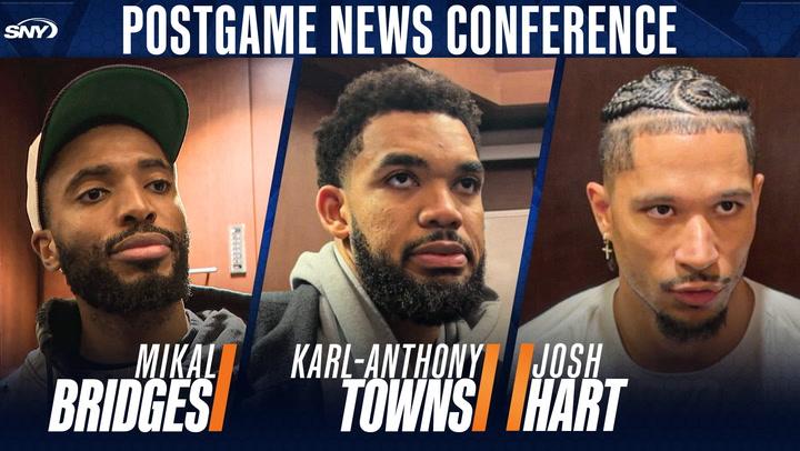 Mikal Bridges, Karl-Anthony Towns, and Josh Hart appear at the postgame news conference.
