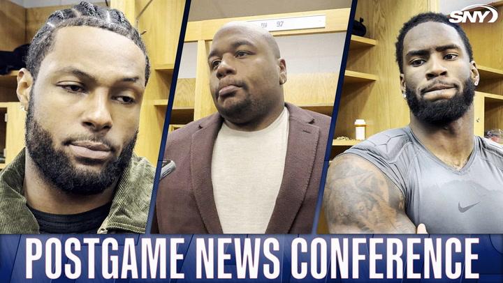 Postgame news conference features three New York Giants players discussing the game, with the SNY network logo in the corner.