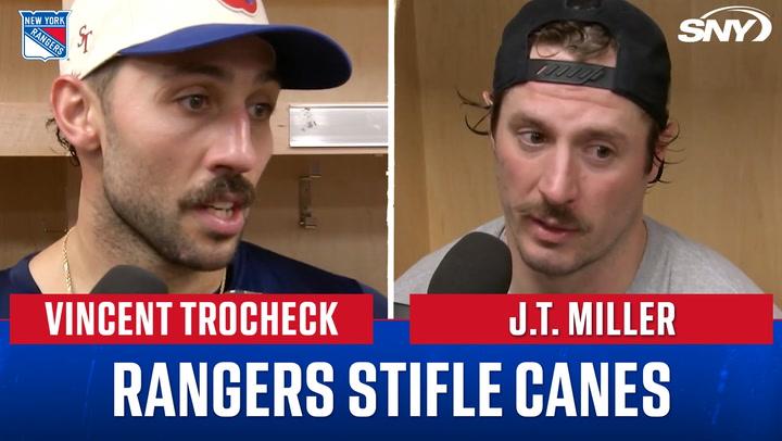 Vincent Trocheck and J.T. Miller interviewed with the headline "Rangers stifle Canes."