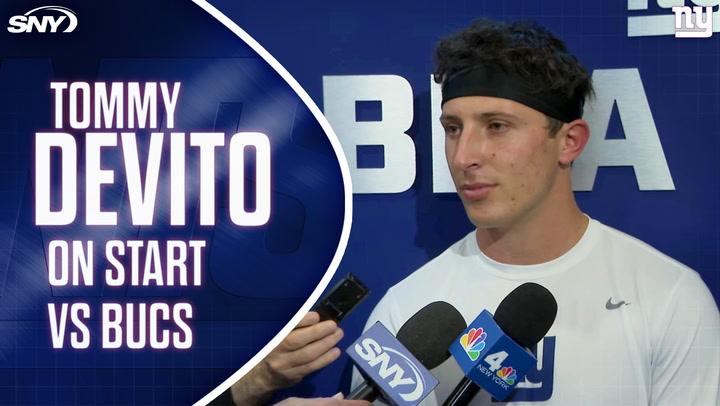 Interview with Giants QB Tommy DeVito discussing teammates' reaction to his starting role.