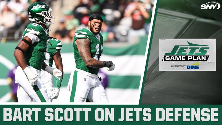Bart Scott discusses Jets defense on "Jets Game Plan" presented by Dime, featuring Jets players in uniform.