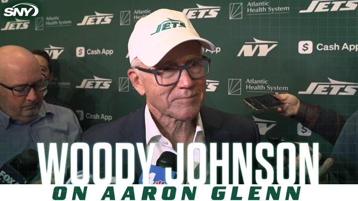 Jets owner Woody Johnson discusses hiring Aaron Glenn and Darren Mougey, expressing excitement.