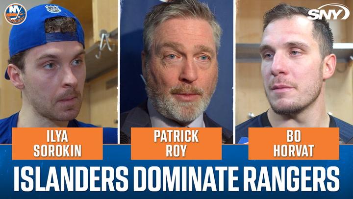 Ilya Sorokin, Patrick Roy, and Bo Horvat featured with headline "Islanders dominate Rangers"