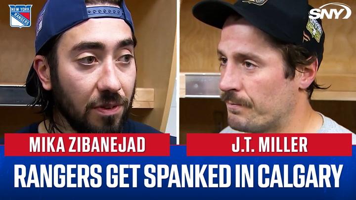 Mika Zibanejad and J.T. Miller pictured with headline "Rangers get spanked in Calgary".