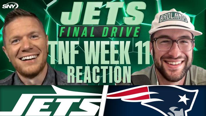 Jets Final Drive TNF Week 11 Reaction with Jets and Patriots logos, two hosts smiling