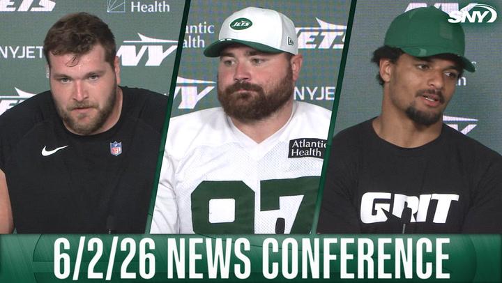 New York Jets players at 6/2/26 news conference, SNY logo in corner.