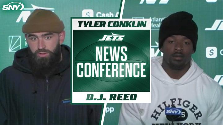 Tyler Conklin and D.J. Reed discuss Jets' morale after 25-22 loss to Patriots in news conference.