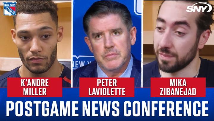 K'Andre Miller, Peter Laviolette, and Mika Zibanejad at Rangers postgame press conference.