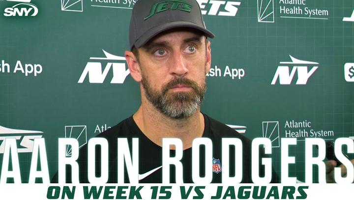 New York Jets QB Aaron Rodgers discusses mobility and leadership in Week 15 vs. Jaguars.